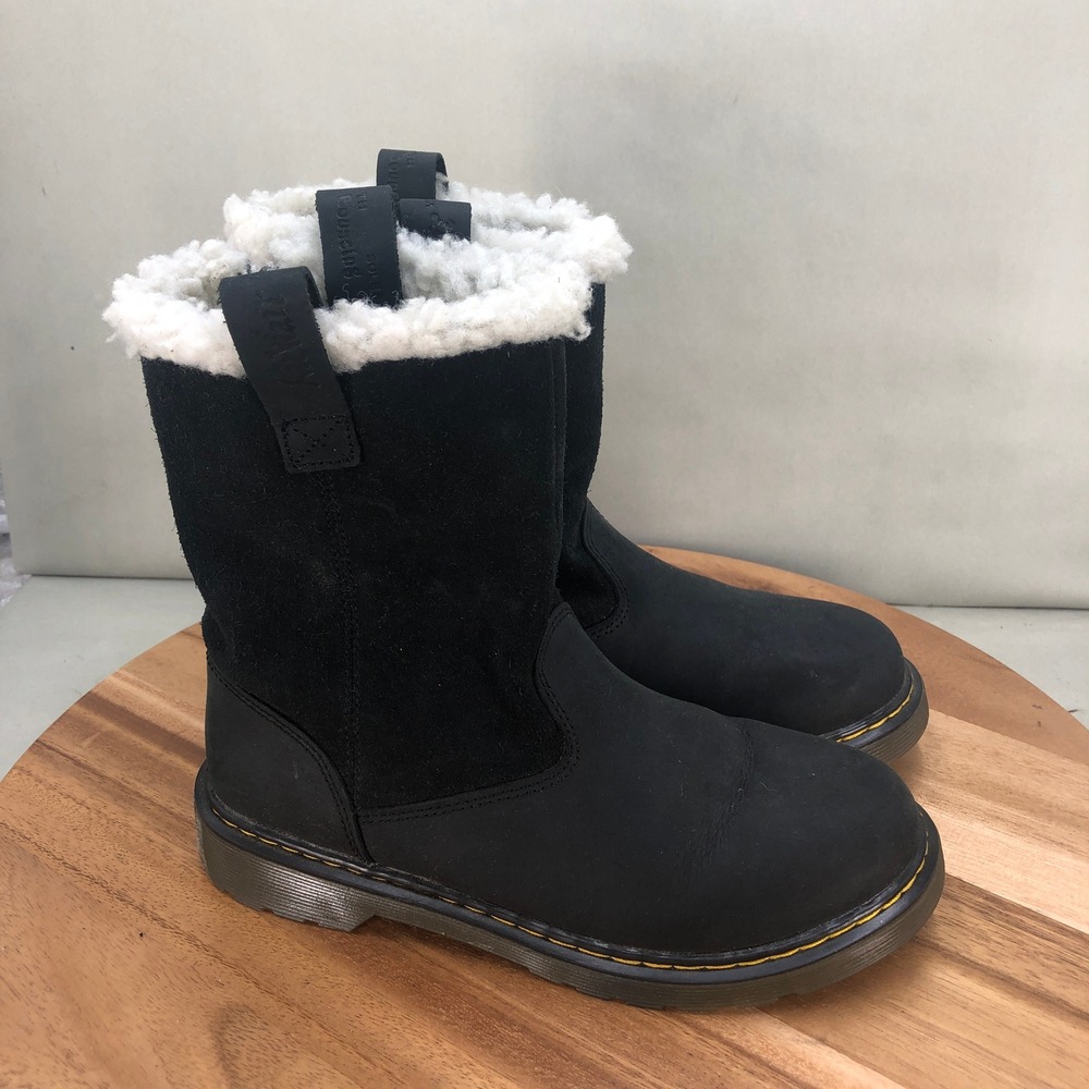 Dr. Martens Juney Y Black Leather Faux Fur Lined Boots Womens Size 6 Pull On